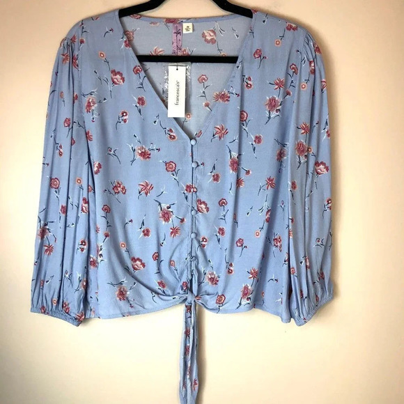 Alya | Blue Floral Printed Button Up Tie Blouse - Picture 1 of 5